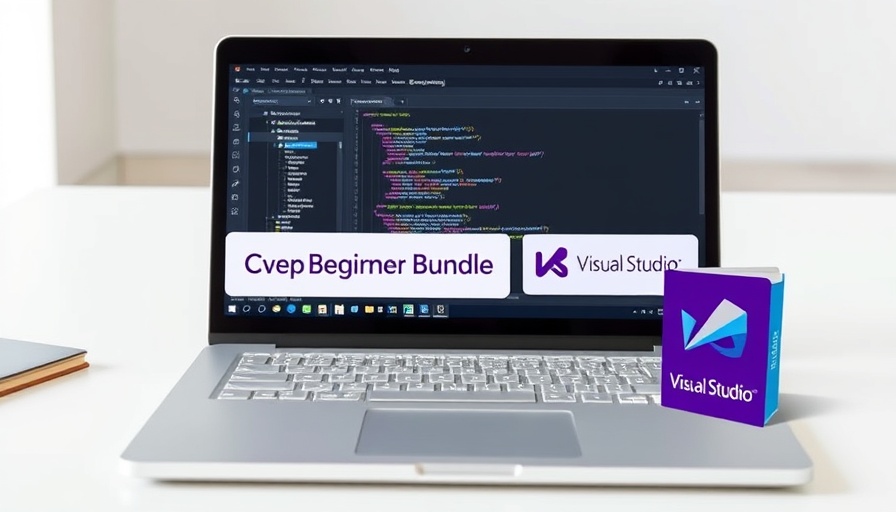 Coding Beginner Bundle with Pro Software promo on laptop screen.