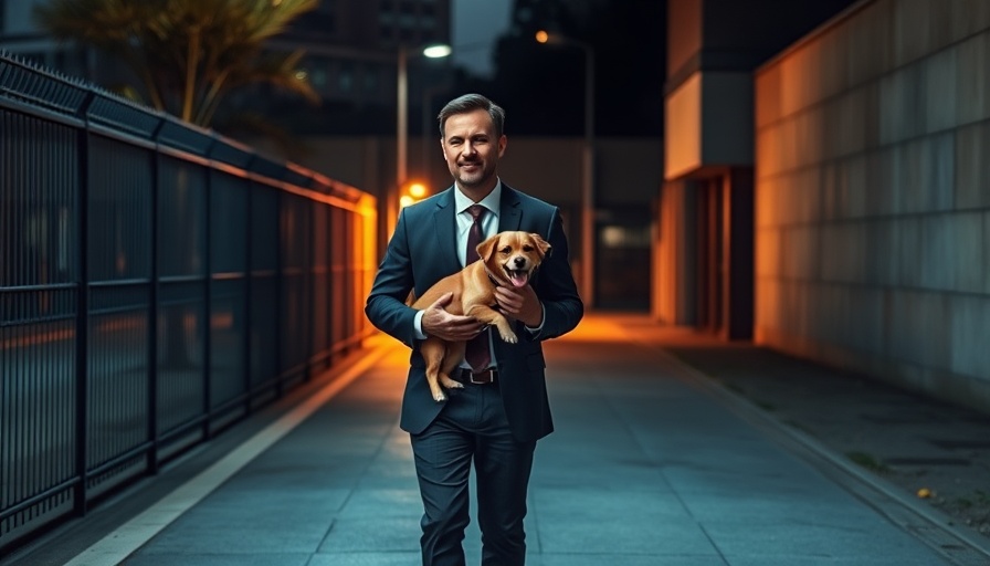 Business leader shows loyalty carrying dog, urban evening setting.