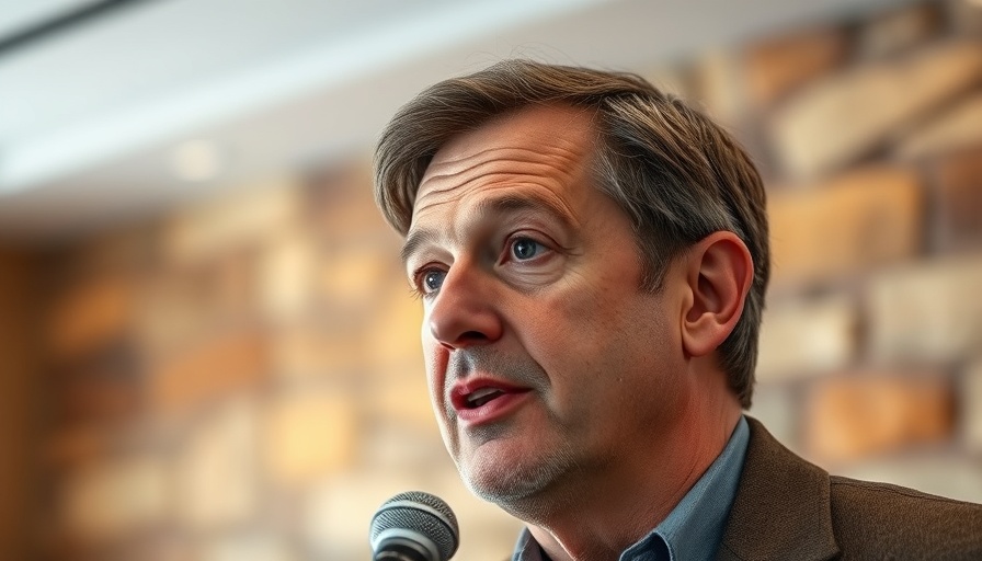 Middle-aged man speaking into a microphone, engaged expression.