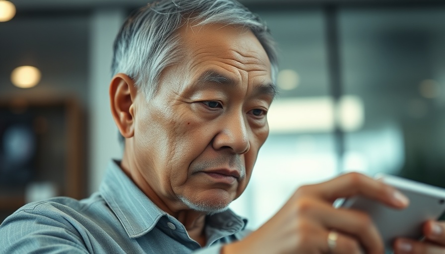 Elderly man examining an object indoors, Hiroshima impact context.