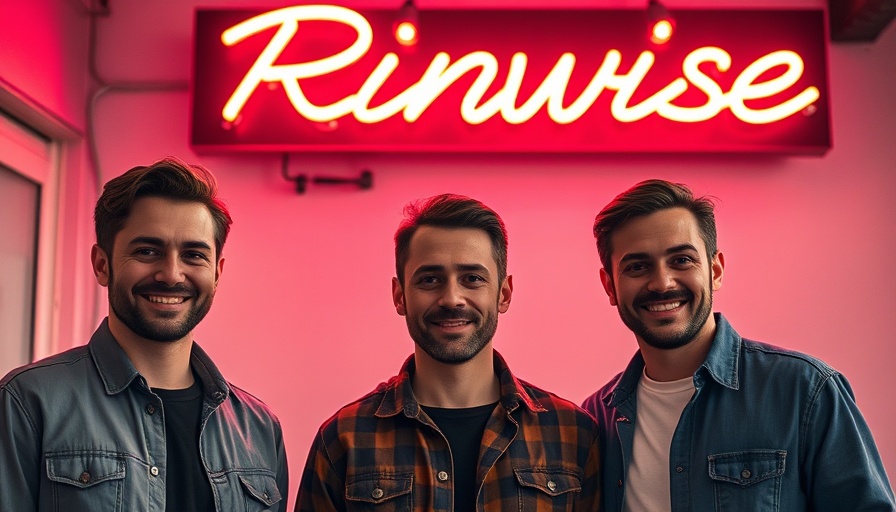 Three men under a Runwise neon sign, highlighting innovative cooling technology.