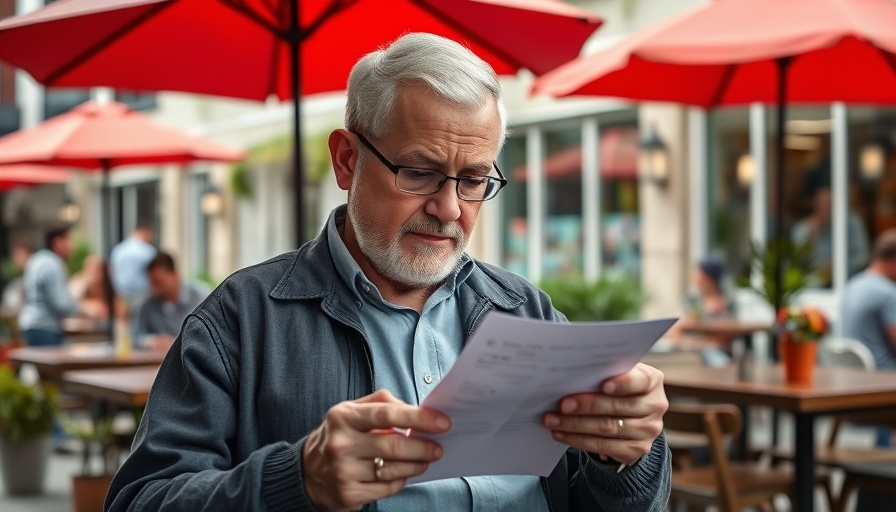 Older man reviewing bill at outdoor cafe, discussing tipping culture.