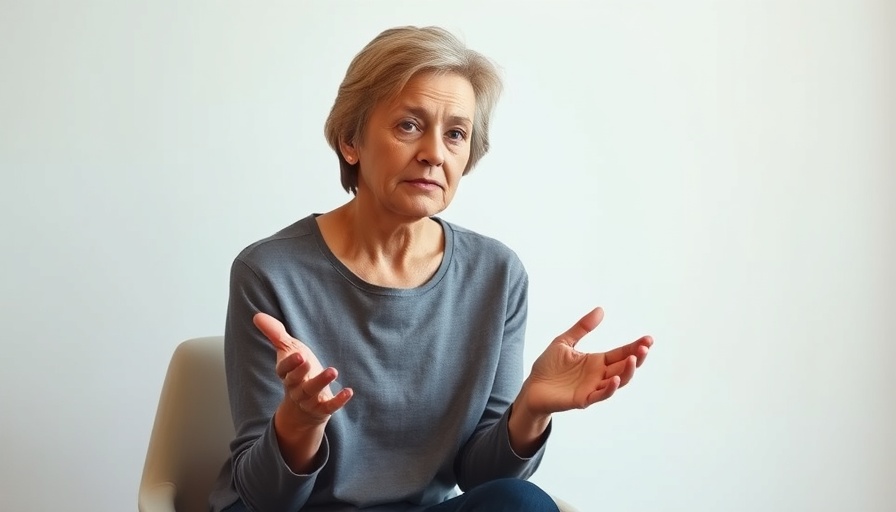 Middle-aged woman gesturing, discussing financial anxiety solutions UK.