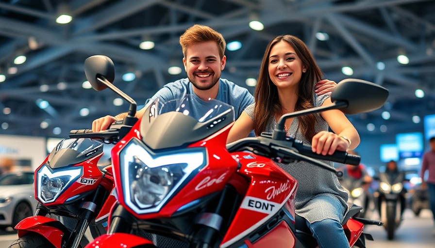 Two people with red electric motorcycle in futuristic setting.
