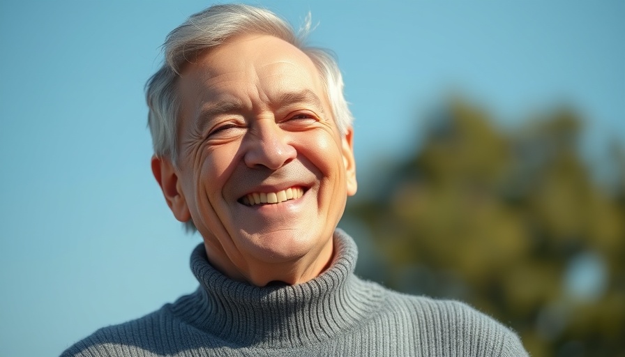 Elderly man smiling in a gray sweater with blue sky background.