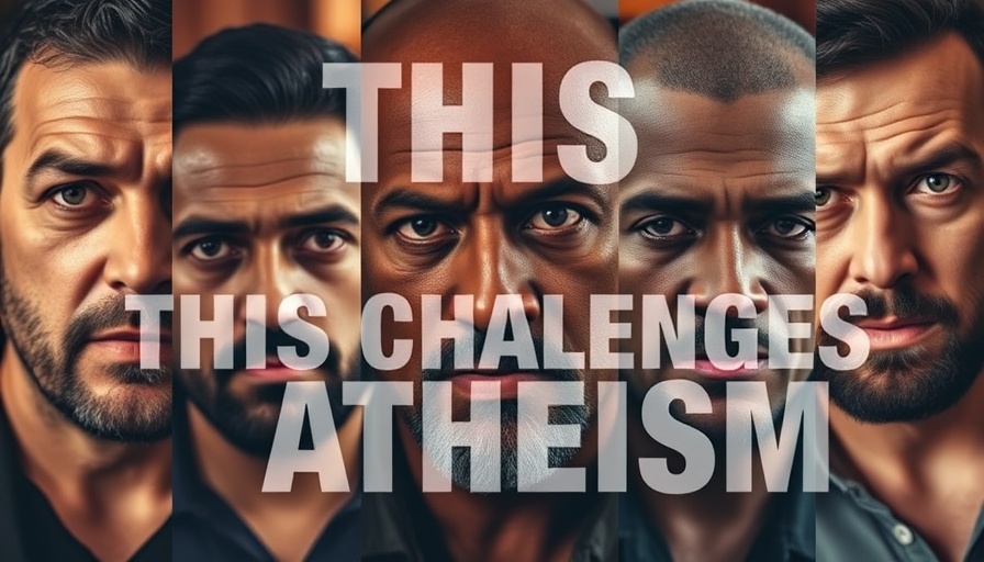 Collage image challenging atheism with intense expressions.