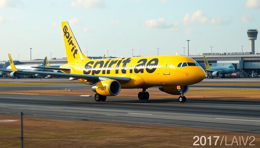 Spirit Airlines plane on runway under clear blue sky.