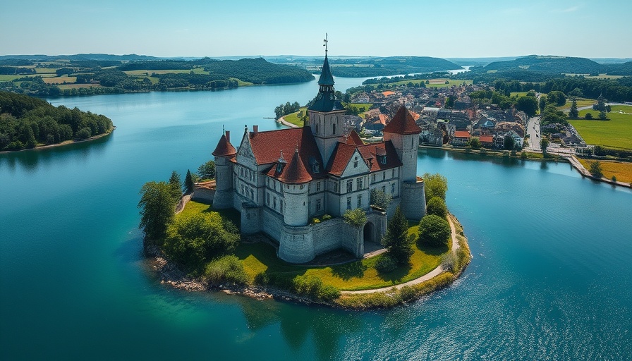 Beautiful aerial view of a castle and lake in West Lothian.