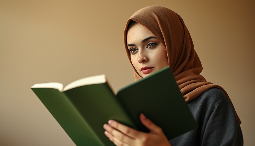 Woman in hijab holding a book indoors, natural light scene.