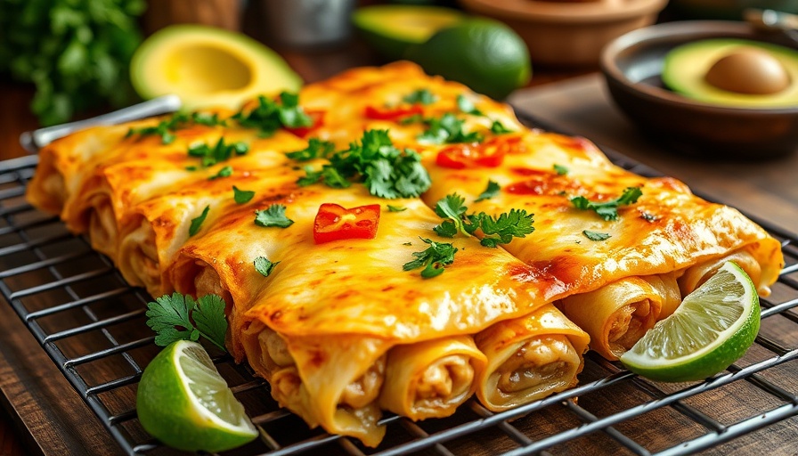 Chicken enchiladas with fresh garnish in rustic kitchen.