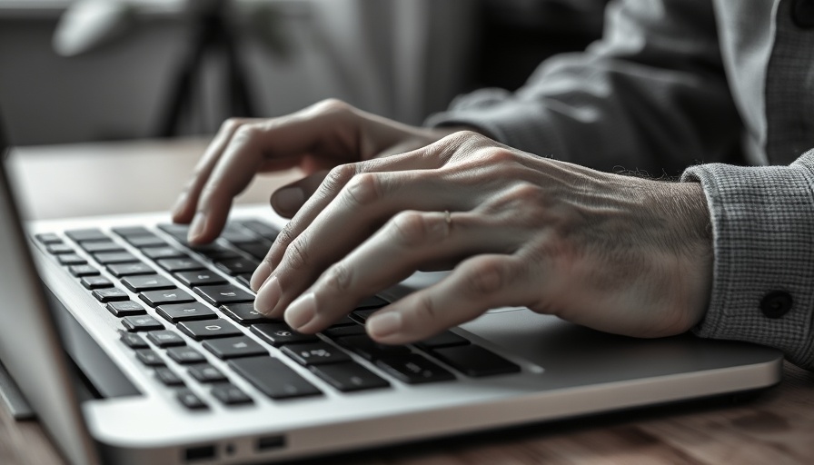 Older American typing on laptop, using AI technologies