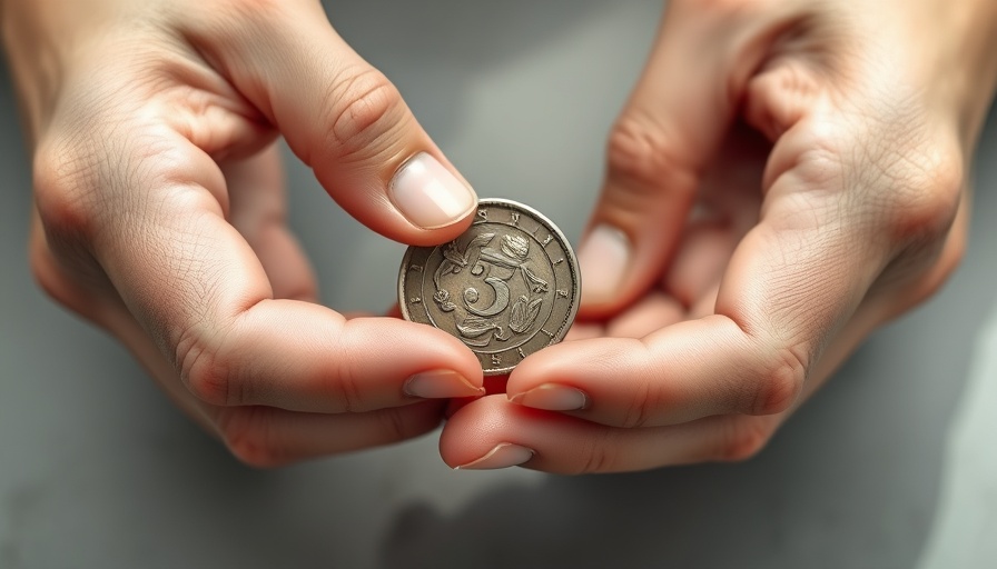 Hands holding a rare coin for investment with price tag.