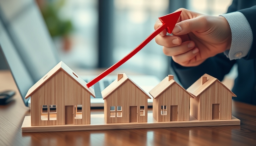 Wooden models with a red arrow showing UK property market price trends.