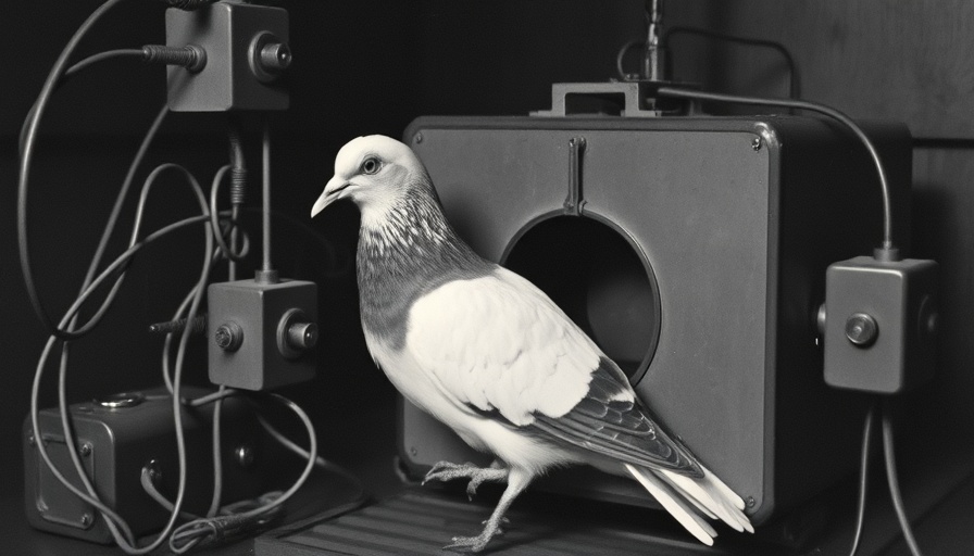 Vintage tech with pigeon in early AI breakthrough device.