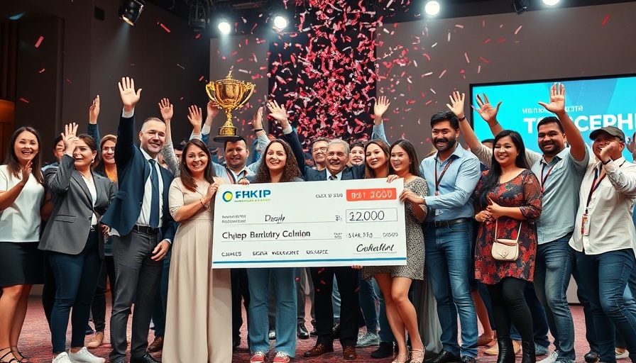 Celebration at tech event with large check and confetti.
