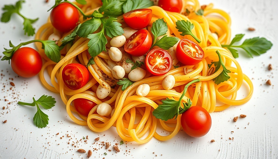 Garlicky Cherry Tomato Pasta with White Beans on a vibrant plate.