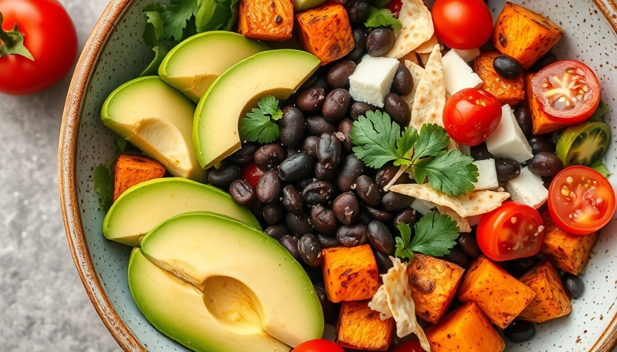 Colorful Mexican salad with sweet potatoes, black beans, avocado.