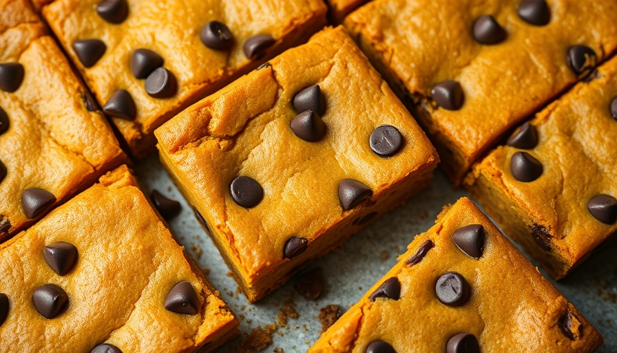 Golden pumpkin blondies with chocolate chips in a baking tray.