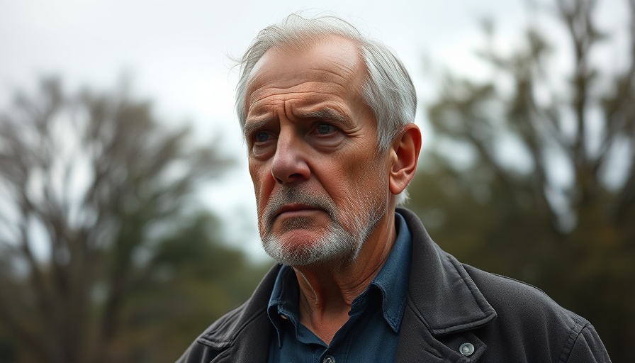Serious older man outdoors with blurred trees, contemplating.