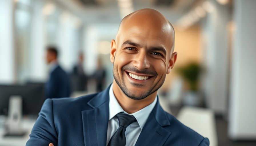 Confident man in suit with blurred office background, AI database market.