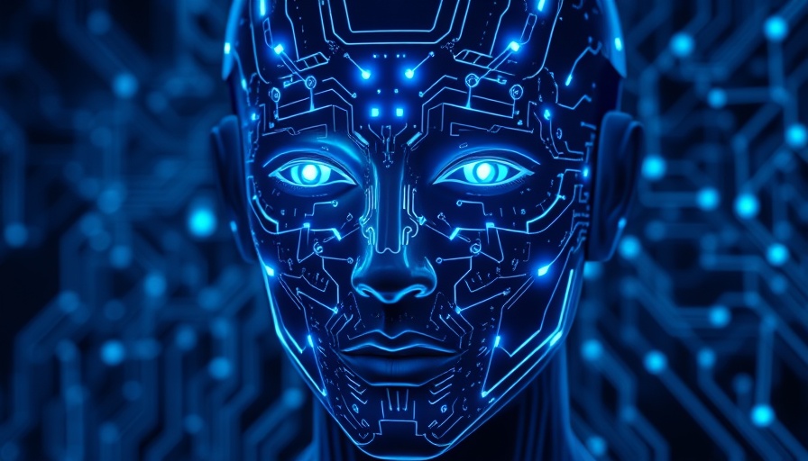 Futuristic AI face with blue circuits in a digital network.