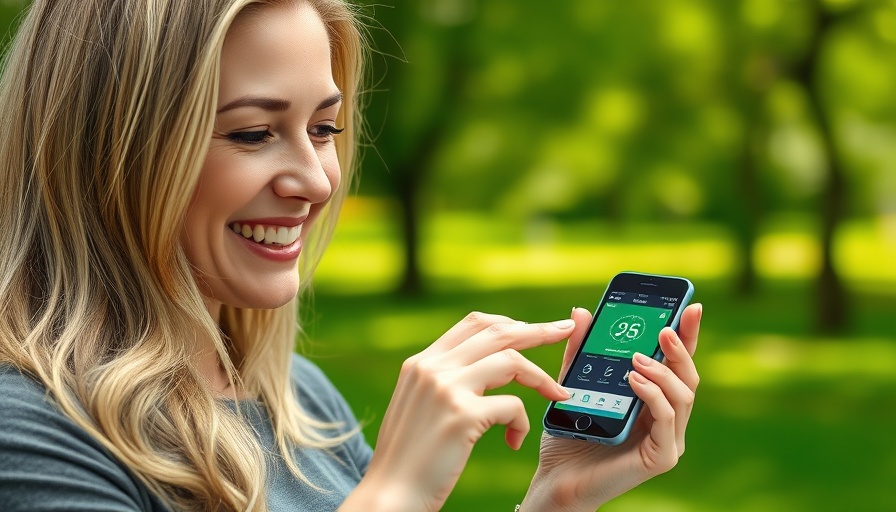 Woman using glucose monitoring system for weight loss, showing app.