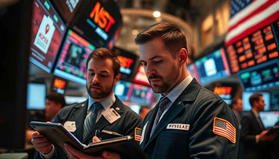 Stock traders analyzing market trends on trading floor, AI stock market trends for business owners.