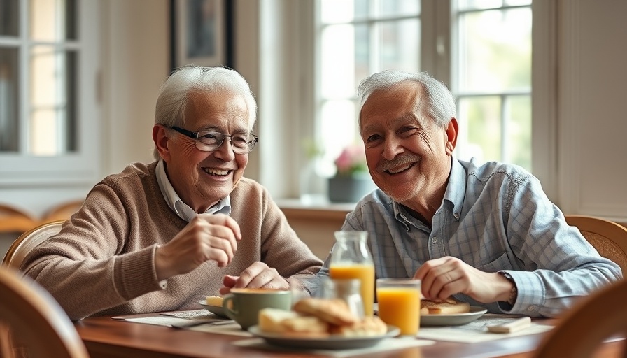 Smiling older couple enjoying breakfast, highlighting the impact of changing stamp duty on homeowners.