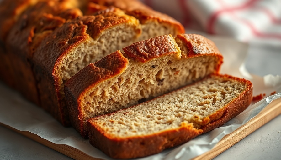 Freshly sliced copycat Starbucks banana bread with checkered cloth.