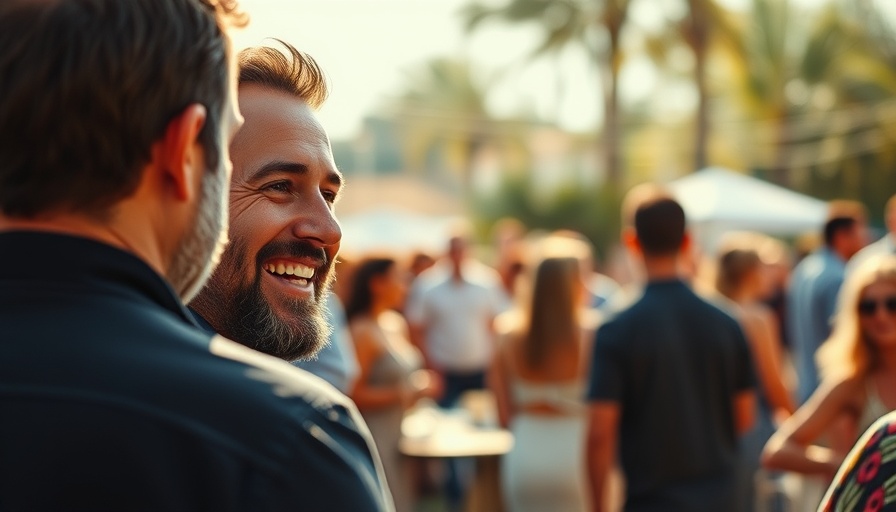 Man at outdoor event smiling amidst social gathering.