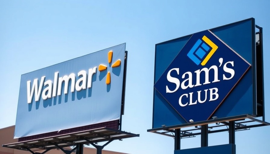 Walmart and Sam's Club signs against a clear blue sky.