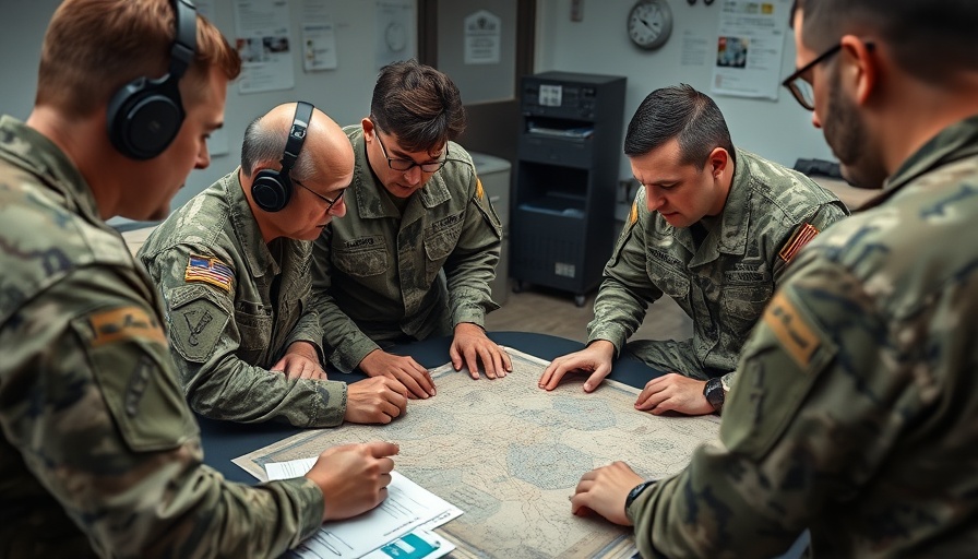Military officers strategize over a map in a command room, AI in military command structures.
