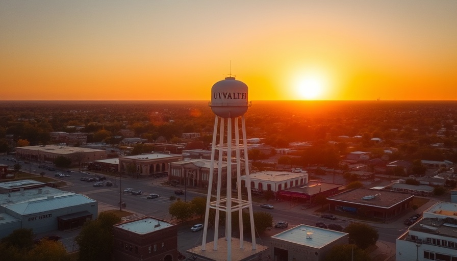 Aerial view of Uvalde water tower at sunset, golden sky.