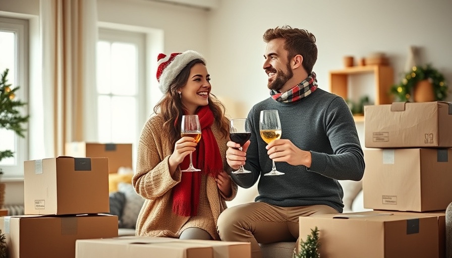 Festive couple celebrating moving with wine in a cozy home