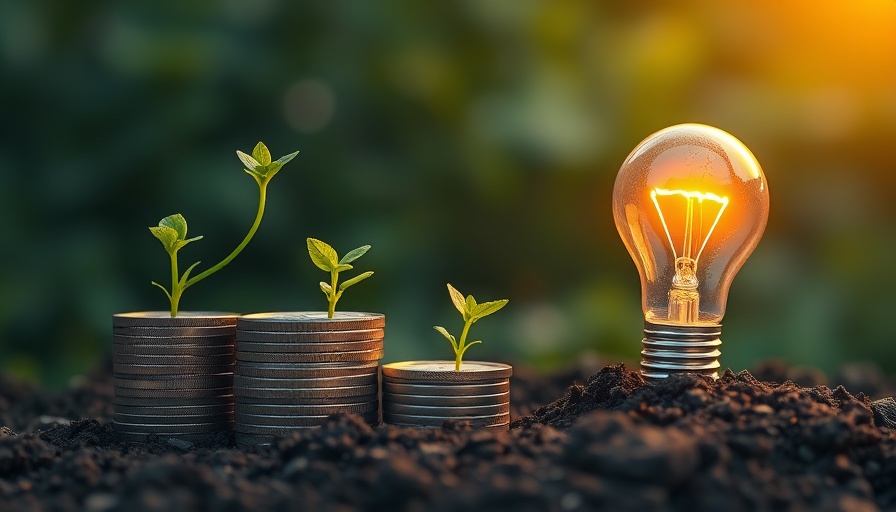 Symbol of growth and energy savings with coins, leaves, and a light bulb.