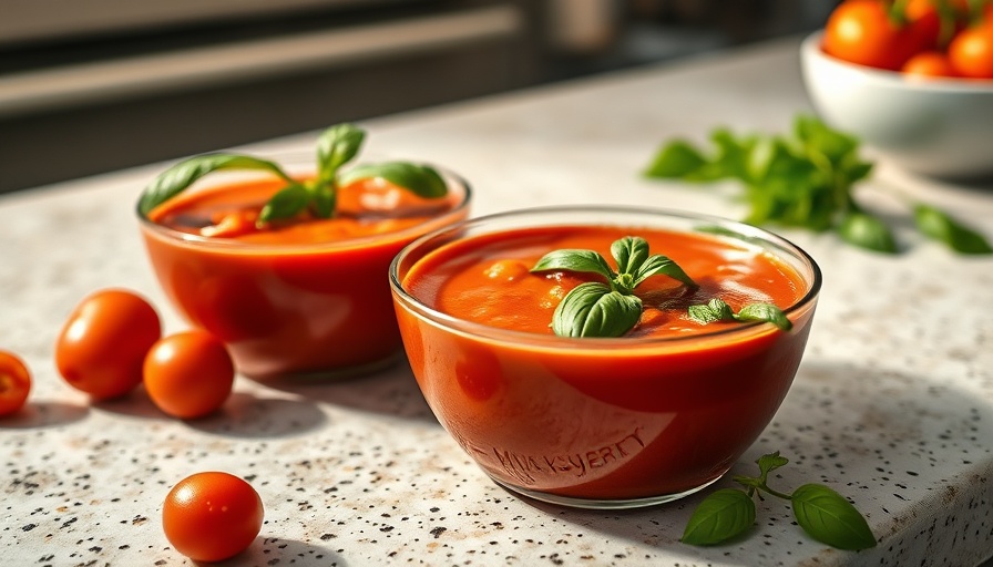 Homemade Tomato Bisque for Immune Support in a white bowl garnished with basil.