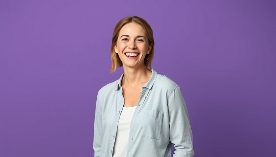 Confident woman smiling, purple background, open property data.