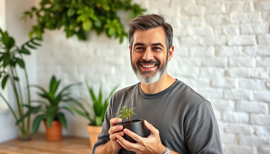 Man smiling holding plant, Ecosia's eco-friendly office, soft light