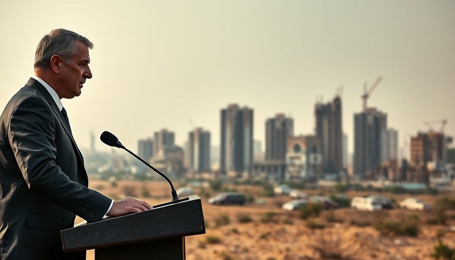 Man at podium in front of Gaza City skyline with damaged buildings.