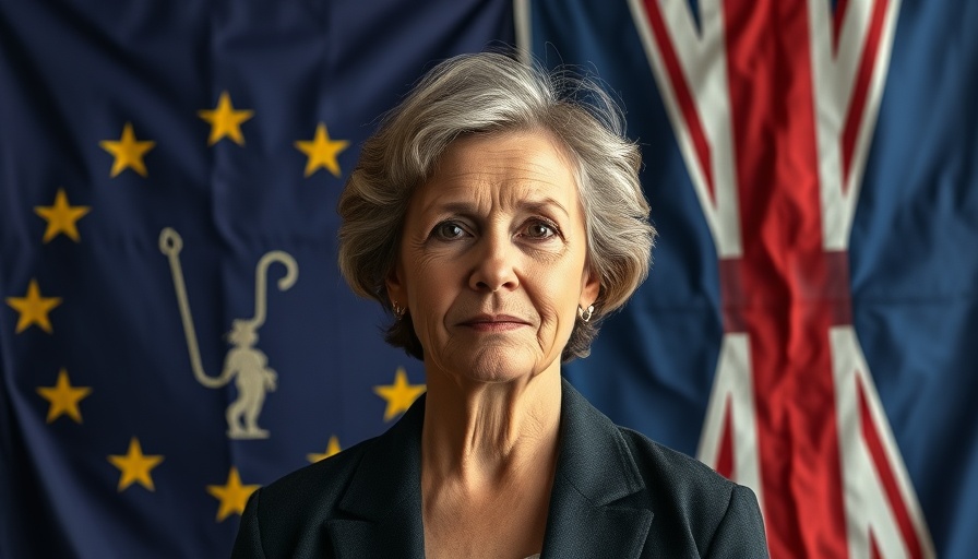 Brexit Reset concept with middle-aged woman, EU and UK flag backdrop.