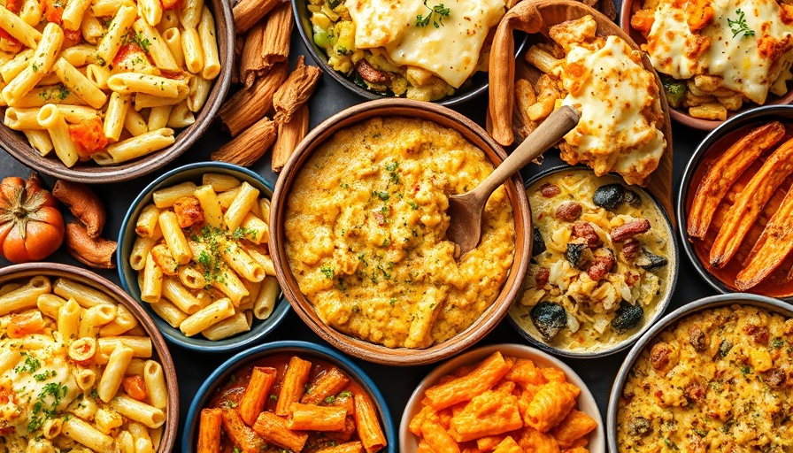 Colorful fall casseroles variety with cheese and vegetables, warm tones.