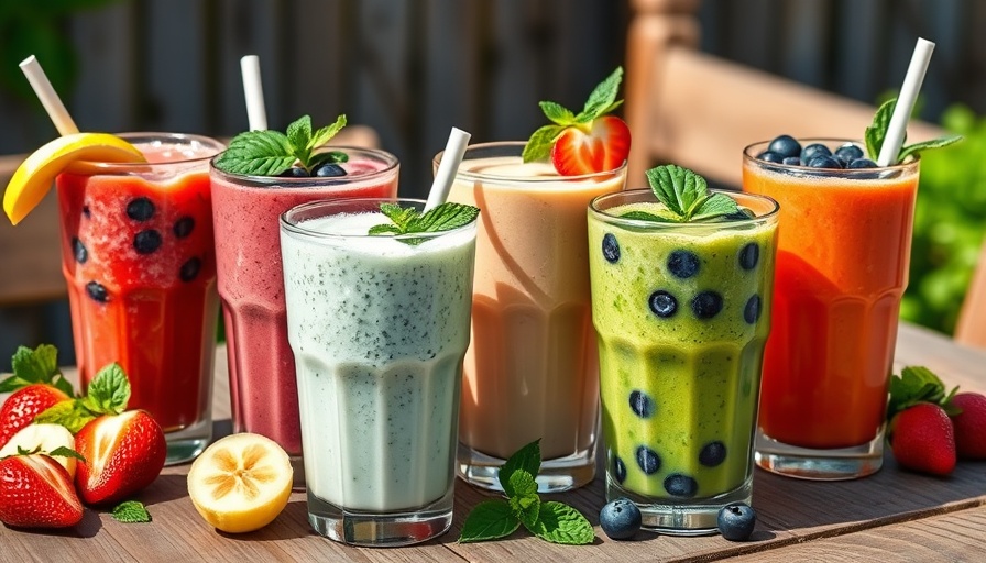 Bright array of healthy summer smoothies in colorful glasses.