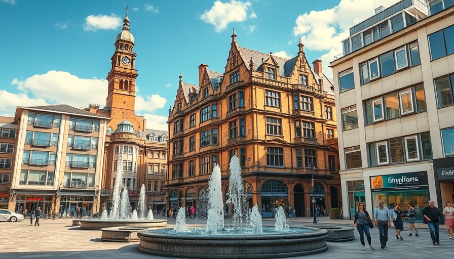 Historic Bradford city center with Victorian architecture and fountains