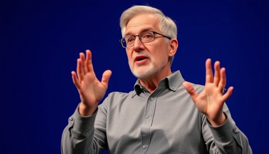 Middle-aged man speaking passionately on faith in a blue setting.