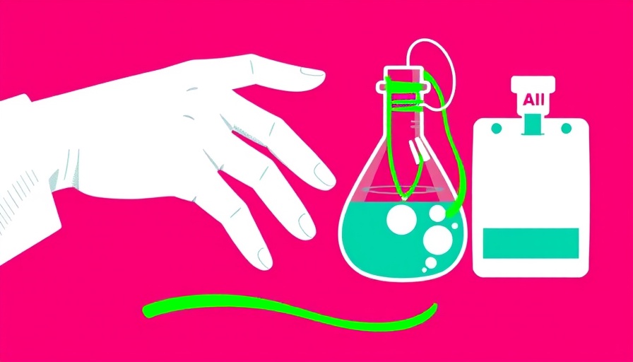Abstract illustration of AI in scientific research with a flask and ID.