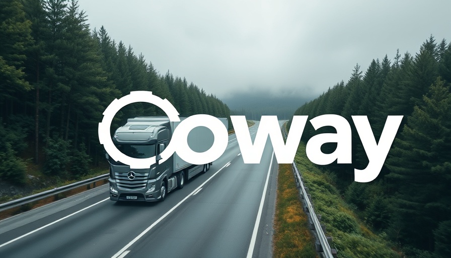 Highway truck in forest with 'OWAY' logo, Uber for freight concept.