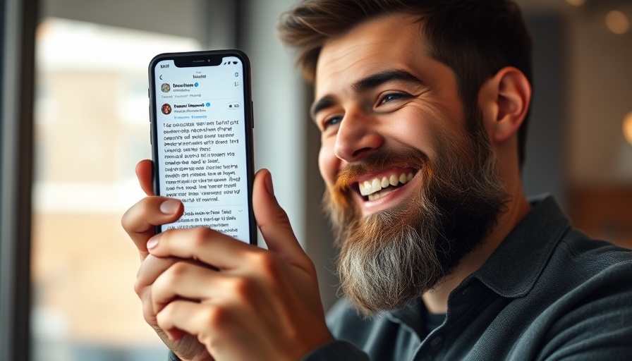 Bearded man smiling with phone displaying tweet, NATO joke context.