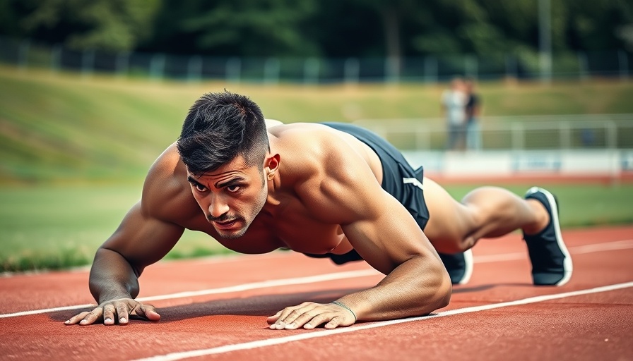 Athlete performing plank exercise on track, strength tests for people over 50.