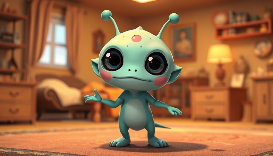 Animated creature in colorful lei, cozy room, highlighting summer box office trends.