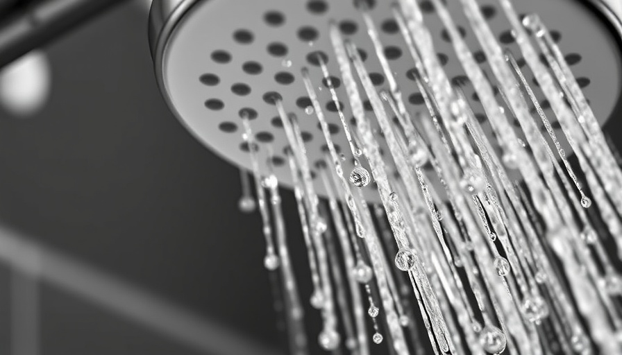 Monochrome shower head with cascading water droplets, TikTok dorm water panic context.